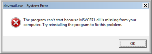 The program can't start because MSVCR71.dll is missing from your computer. Try reinstalling the program to fix this problem.