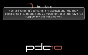 You are running Silverlight 4 application. You may experience incompatibilities as Moonlight does not have full support for this runtime yet.